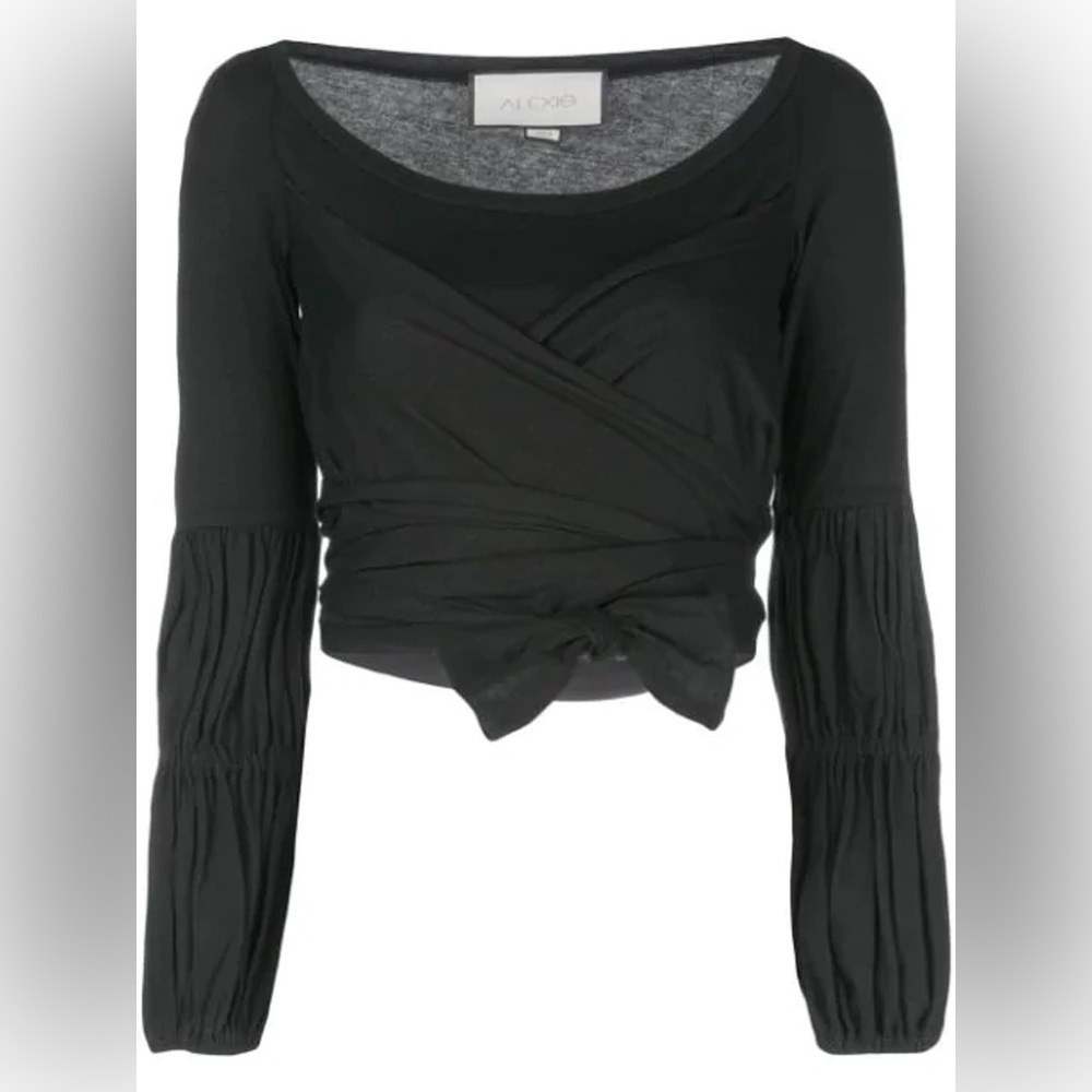 NWT Alexis Niksa Crop Wrap Top Smocked Long Sleeve in Black Size Xsmall